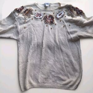VTG Koret Women's 2X Silk & Cotton Short Sleeve Floral Embroidery Beaded Sweater